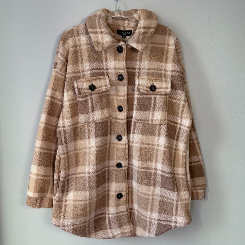 Love Tree Oversized Cozy Brown Plaid Teddy Sherpa Longline Button Up Coat